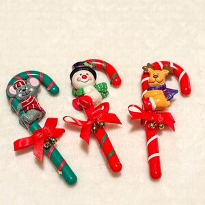 Set of 3 Vintage Candy Cane Cuties “Pomander Ornaments” Snowman Reindeer Mouse